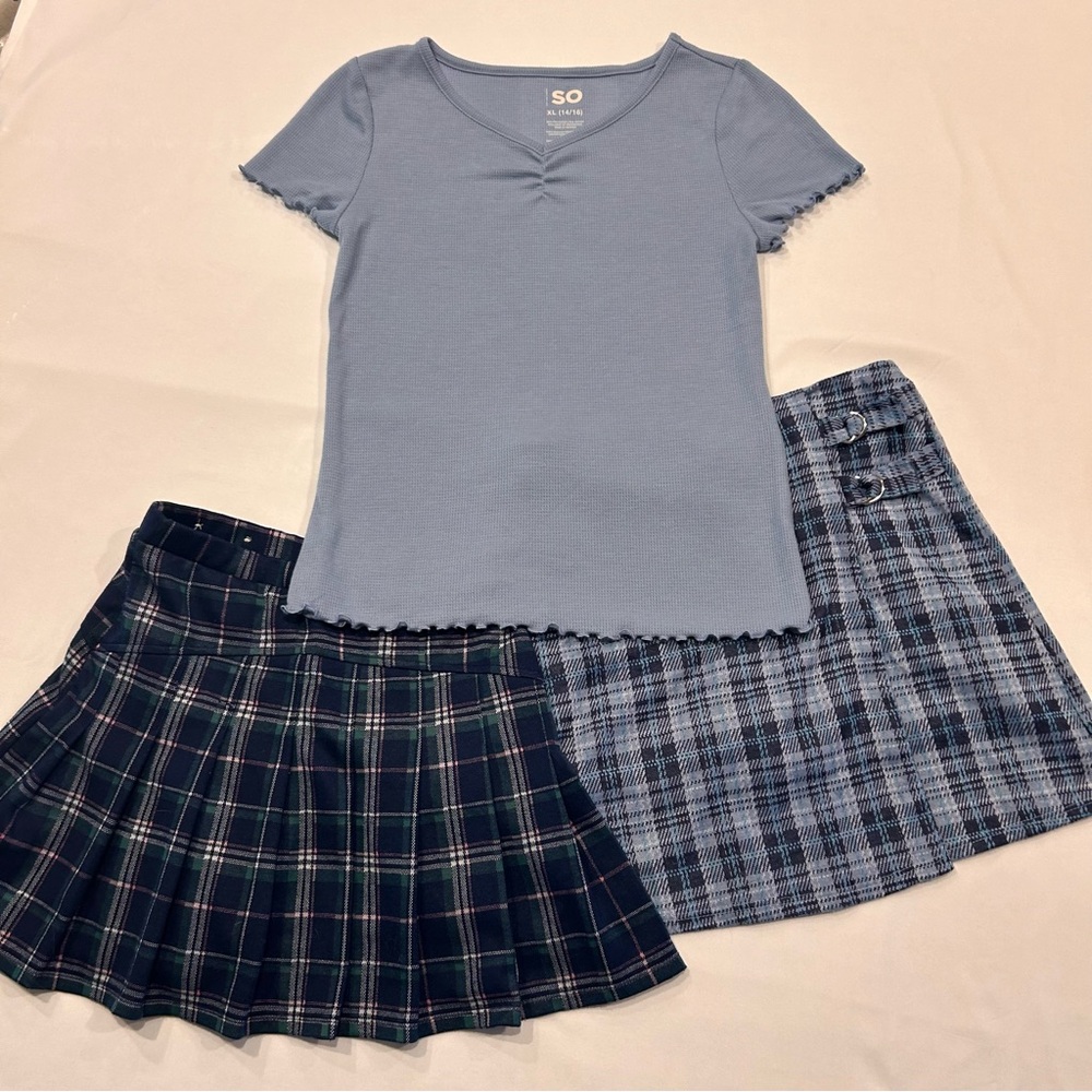 Girls’ Light Blue Shirt with 2 Matching Plaid Skirts, Size 10 - 12
